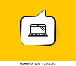 Laptop line icon. Comic speech bubble. Mobile computer device sign. Yellow background with chat bubble.  Colorful banner. Vector