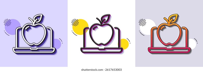 Laptop line icon. Halftone dotted pattern. Gradient icon with grain shadow. Notebook with apple fruit sign. Online diet menu symbol. Line laptop icon. Various designs. Vector