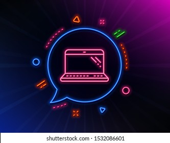 Laptop line icon. Neon laser lights. Mobile computer device sign. Glow laser speech bubble. Neon lights chat bubble. Banner badge with laptop icon. Vector