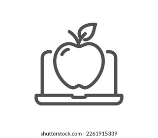 Icono de línea de portátil. Portátil con signo de manzana. Símbolo de menú de dieta en línea. Elemento de diseño de calidad. Icono de portátil de estilo lineal. Trazo editable. Vector