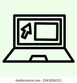Laptop line icon. Office Notebook with mouse cursor and website on monitor outline style pictogram on white background. Business laptop device mobile concept web design. Vector graphics.