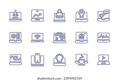 Conjunto de iconos de la línea del portátil. Trazo editable. Ilustración vectorial. Contienen laptop, compras en línea, chat, idea, ubicación, hogar inteligente, café, equipos.