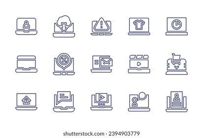 Laptop line icon set. Editable stroke. Vector illustration. Containing flash sale, laptop, analytics, ecommerce, resume, spam, mail, video player.