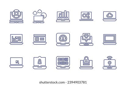 Laptop line icon set. Editable stroke. Vector illustration. Containing outside, laptop, growth, dashboard, binary, share, feedback, privacy.