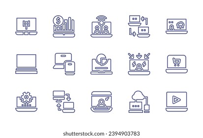 Laptop line icon set. Editable stroke. Vector illustration. Containing technology, local network, laptop, pie chart, video conference, victim, responsive, video call, analytics, data transfer, online.