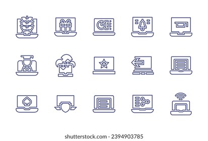 Symbolsatz für die Laptop-Linie. Bearbeitbarer Strich. Vektorgrafik. Enthält Laptop, Wachstum, Graduierte, Online-Casino, Online-Shopping, Datenübertragung, Schutz.