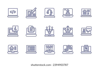Laptop line icon set. Editable stroke. Vector illustration. Containing web design, laptop, customer service, simulation, audio editing, video call, pen, worm.