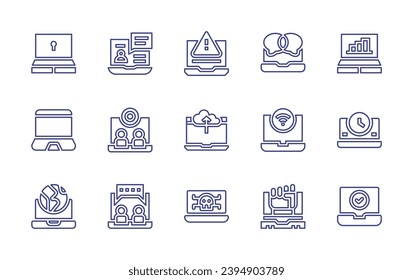 Laptop line icon set. Editable stroke. Vector illustration. Containing laptop, online review, videocall, online chat, warning sign, upload, skull, conversation, wifi, fist.