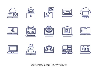 Symbolsatz für die Laptop-Linie. Bearbeitbarer Strich. Vektorgrafik. Enthält Laptop, Laptops, anonyme, virtuelle Ereignisse, Computer, Video, Internet, Bug, Online-Lektion, Papierfach, Bearbeiten.