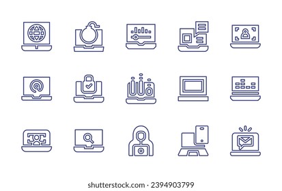 Laptop line icon set. Editable stroke. Vector illustration. Containing laptop, responsive design, music, email, sound, hacker, podcast, ddos, video call, worldwide, user.