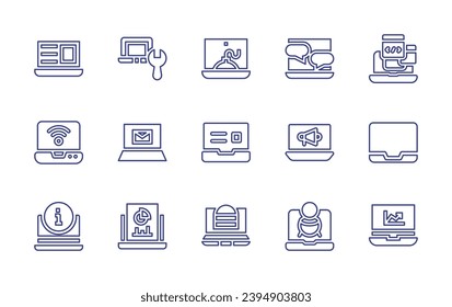 Laptop line icon set. Editable stroke. Vector illustration. Containing laptop, email, balance sheet, virus, online learning, order food, online chat, marketing, jackpot.