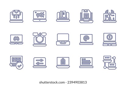 Conjunto de iconos de la línea del portátil. Trazo editable. Ilustración vectorial. Conteniendo portátil, puertos, usabilidad, bomba, ajustes, banca en línea, marketing digital, guardar, correo electrónico, streaming en vivo.
