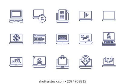 Symbolsatz für die Laptop-Linie. Bearbeitbarer Strich. Vektorgrafik. Enthält Laptop, Support, Handel, Video, Datei, Passwort, Online-Shop.