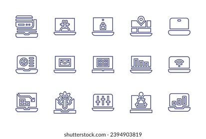 Laptop line icon set. Editable stroke. Vector illustration. Containing laptop, laptop computer, email, technical support, protected, online learning, setup, map, bar chart, chess piece.
