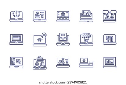 Laptop line icon set. Editable stroke. Vector illustration. Containing laptop, online review, no connection, telecommuting, meeting, comment, spy, email, online shopping, coffee.