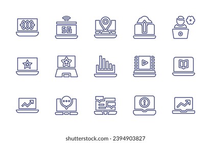 Laptop line icon set. Editable stroke. Vector illustration. Containing system administrator, laptop, presentation, location, reduction, message, upload, movie, error.