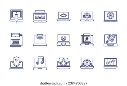 Conjunto de iconos de la línea del portátil. Trazo editable. Ilustración vectorial. Conteniendo portátil, seguro, compra en línea, evaluación, música, perfil de usuario, cohete, fader, código, radioactivo, compra, hardware, rendimiento.