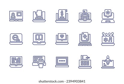 Laptop line icon set. Editable stroke. Vector illustration. Containing laptop, fist, book, coffee cup, survey, api, release, receipt, chat, key, blog, playing cards, seo.