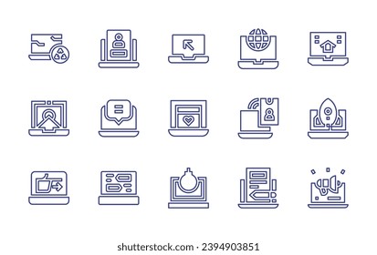 Laptop line icon set. Editable stroke. Vector illustration. Containing laptop, login, comment, chat, real estate agency, startup, promotional, online learning, dating app, bomb, worldwide, video.