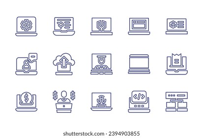 Laptop line icon set. Editable stroke. Vector illustration. Containing laptop, video chat, internet banking, laptop computer, science, backup, freelancer, project, invoice, database, settings, online.