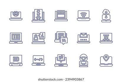 Laptop line icon set. Editable stroke. Vector illustration. Containing laptop, low price, info, coding, cloud server, online education, gps, online shop, blog, feedback, check mail, hacker.