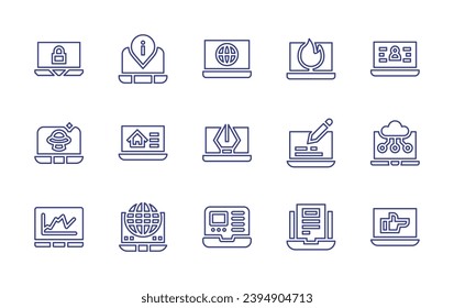 Laptop line icon set. Editable stroke. Vector illustration. Containing laptop, analytics, information, real estate, globe earth, account, cloud computing, rejected, computer, web design, elearning.