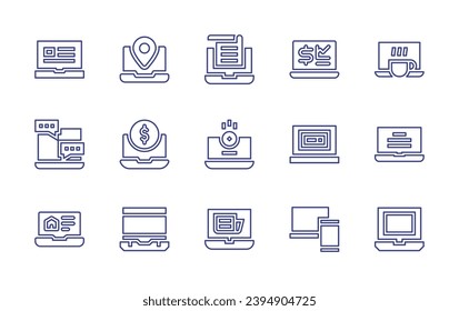 Laptop line icon set. Editable stroke. Vector illustration. Containing coffee, laptop, e learning, chat, computer.