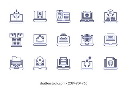 Laptop line icon set. Editable stroke. Vector illustration. Containing laptop, cube, loading, computer, map point, chat box, earth grid, account, pressure, cyber security, emails, blogging, file.