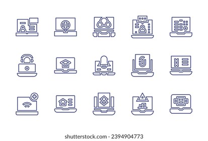 Laptop line icon set. Editable stroke. Vector illustration. Containing laptop, online learning, programmer, connection, live streaming, authentication, risk, music equalizer, chromosome, robot, summer