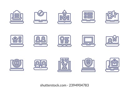 Conjunto de iconos de la línea del portátil. Trazo editable. Ilustración vectorial. Conteniendo portátil, prohibido, chat, evento virtual, publicidad, cv, trabajo en línea, aumento, bombilla, tiempo limitado, tumba, alquiler de casa.