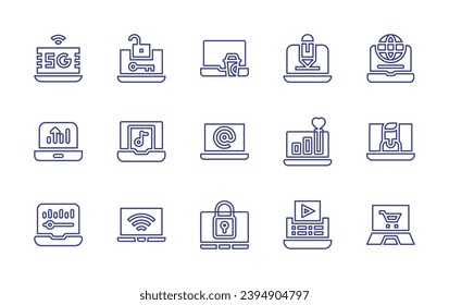 Laptop line icon set. Editable stroke. Vector illustration. Containing laptop, comment, statistics, video marketing, internet, videocall, online shopping, security.