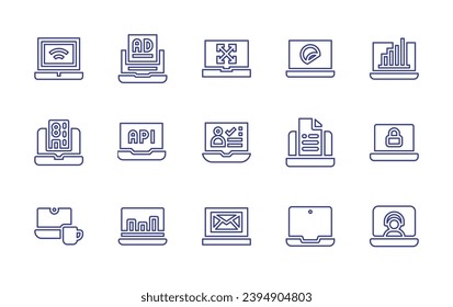Conjunto de iconos de la línea del portátil. Trazo editable. Ilustración vectorial. Contienen laptop, laptop, ad, aplicación, estadísticas, estadísticas, contraseña, servicio de cliente, respuesta, voto, carta.