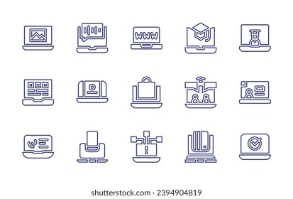 Laptop line icon set. Editable stroke. Vector illustration. Containing laptop, compatibility, online education, video lecture, electronic vote, www, shopping bag, notice, education, video conference.