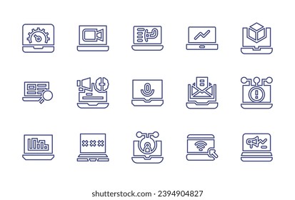 Symbolsatz für die Laptop-Linie. Bearbeitbarer Strich. Vektorgrafik. Mit Laptop, Analytik, Porno, Video, Online-Werbung, d-Modellierung, Verbindung, Wurm, Podcast, Neuromarketing, Statistik, E-Mail.