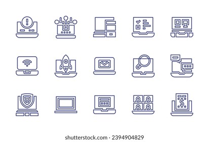 Symbolsatz für die Laptop-Linie. Bearbeitbarer Strich. Vektorgrafik. Enthält Laptop, reaktionsfähiges E-Mail, Online-Zahlung, Aufgabe, Suche, Videokonferenz, Elektronik, Chat, Bailment.