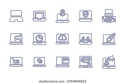Laptop line icon set. Editable stroke. Vector illustration. Containing laptop, motivation, cyber attack, advertising, computer, online shop, security, video call, control remote.