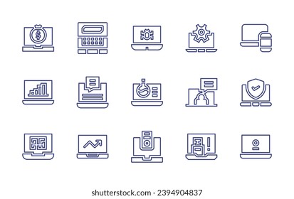 Conjunto de iconos de la línea del portátil. Trazo editable. Ilustración vectorial. Conteniendo portátil, seguro, hipervisor, virus, química, datos en la nube, usb.