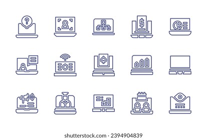 Laptop line icon set. Editable stroke. Vector illustration. Containing laptop, price list, profits, meeting, question, online course, marketing online, video conference, security, online learning.