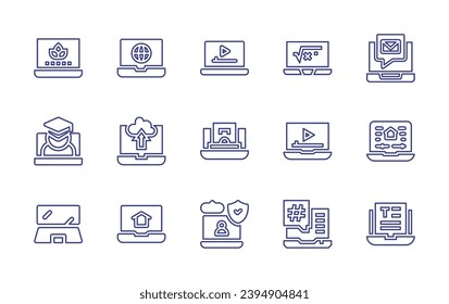 Laptop line icon set. Editable stroke. Vector illustration. Containing laptop, student, internet, upload, digital marketing, domotics, protected, video player, online payment, hashtag, text.
