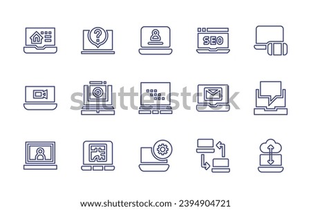 Laptop line icon set. Editable stroke. Vector illustration. Containing account, laptop, settings, seo and web, email, data sharing, electronics, chat, arrow.