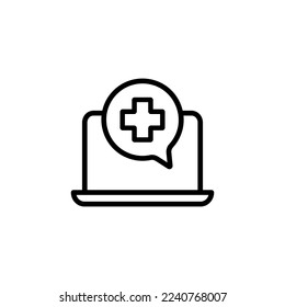 Laptop line icon. Smartphone, speech bubble, online, internet, communication, questions, direction, tips, prescription, treatment. Health concept. Vector black line icon on white background