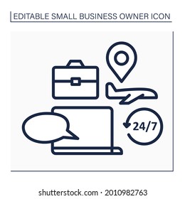 Laptop Line Icon. Travel Consultation. Day-and-night Client Support. Advice About Business Trip, Timely Residence.Small Business Owner Concept. Isolated Vector Illustration. Editable Stroke