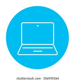 Laptop line icon for web, mobile and infographics. Vector white icon on the light blue circle isolated on white background.