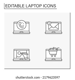  Conjunto de iconos de línea de portátil. Cree contenido, realice y reciba llamadas de vídeo y audio por computadora. Conceptos informáticos. Ilustraciones vectoriales aisladas. Trazo editable