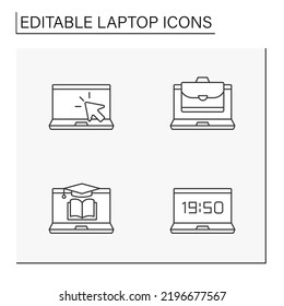  Laptop line icons set. Create content, make and receive video and audio calls by computer. Computer concepts. Isolated vector illustrations. Editable stroke