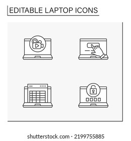  Laptop line icons set. Create content, make and receive video and audio calls by computer. Computer concepts. Isolated vector illustrations. Editable stroke