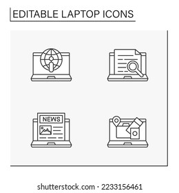  Laptop line icons set. Create content, make and receive video and audio calls by computer. Computer concepts. Isolated vector illustrations. Editable stroke