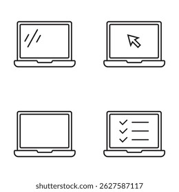 Conjunto de iconos de línea de computadora portátil. Portátil con cursor en pantalla. Portátil con lista de comprobación en pantalla.