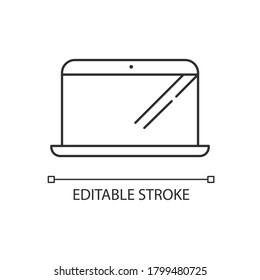 Laptop linear icon. Computer blank screen. PC display with keyboard. Gadget wirth monitor. Thin line customizable illustration. Contour symbol. Vector isolated outline drawing. Editable stroke