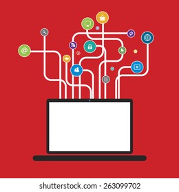 Laptop with lines shaped trees with social icons media